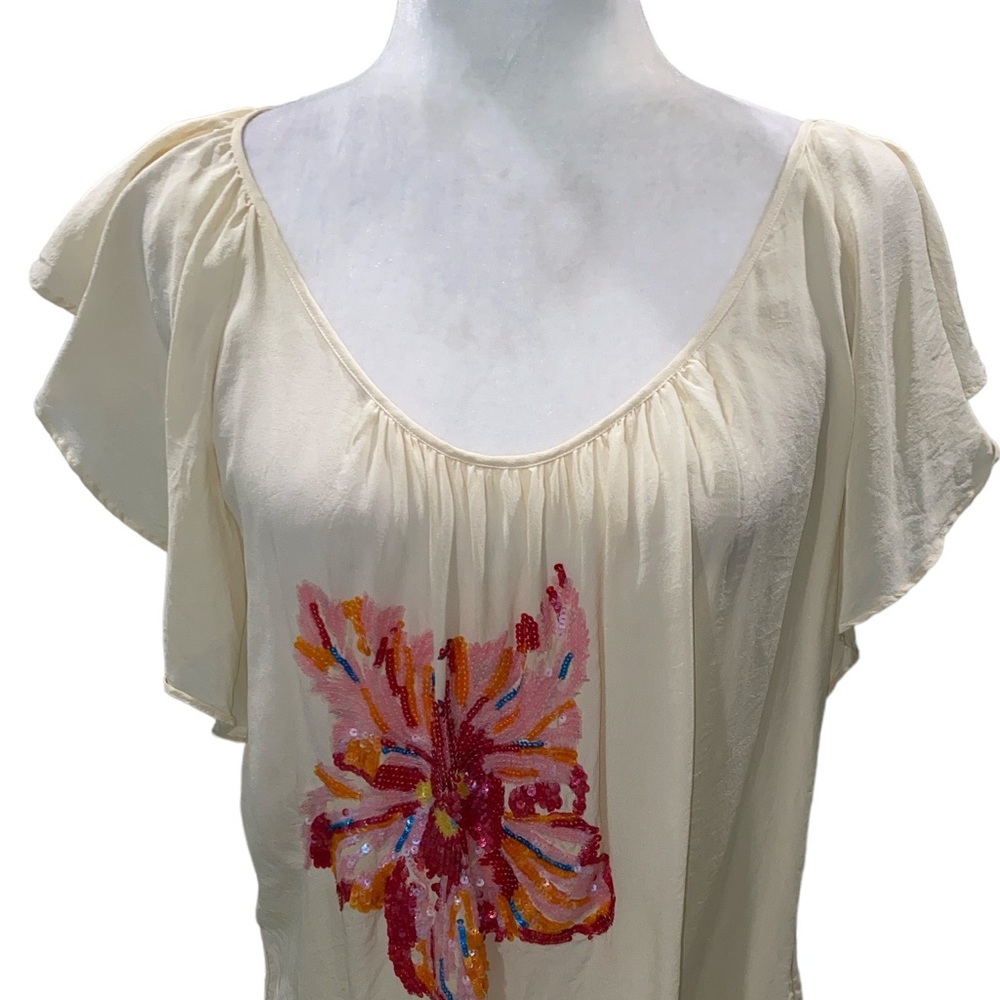 Anthropologie Lil Silk Ivory Flutter Sleeve Floral Sequin Top - 10 - Picture 4 of 12